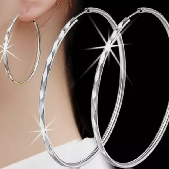 Sterling Silver Diamond Cut Big Hoop Earrings - Picture 2 of 5